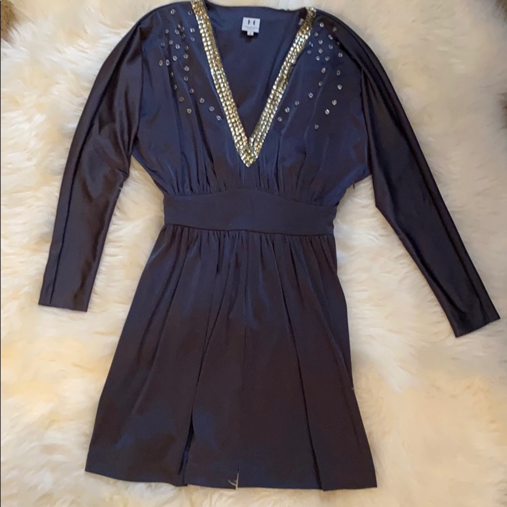 Gray Halston Heritage Vneck Embellished Dress S 2